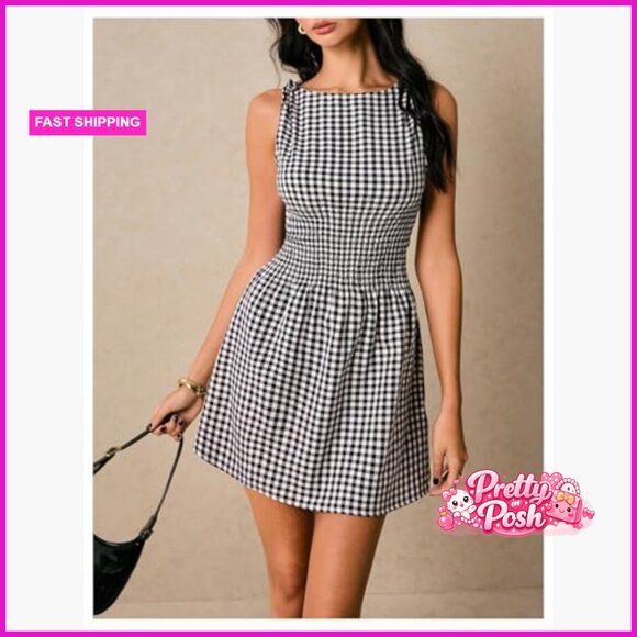 Tie Shoulder Boat Neck A Line Gingham Dress Mini Casual Summer - Picture 3 of 6